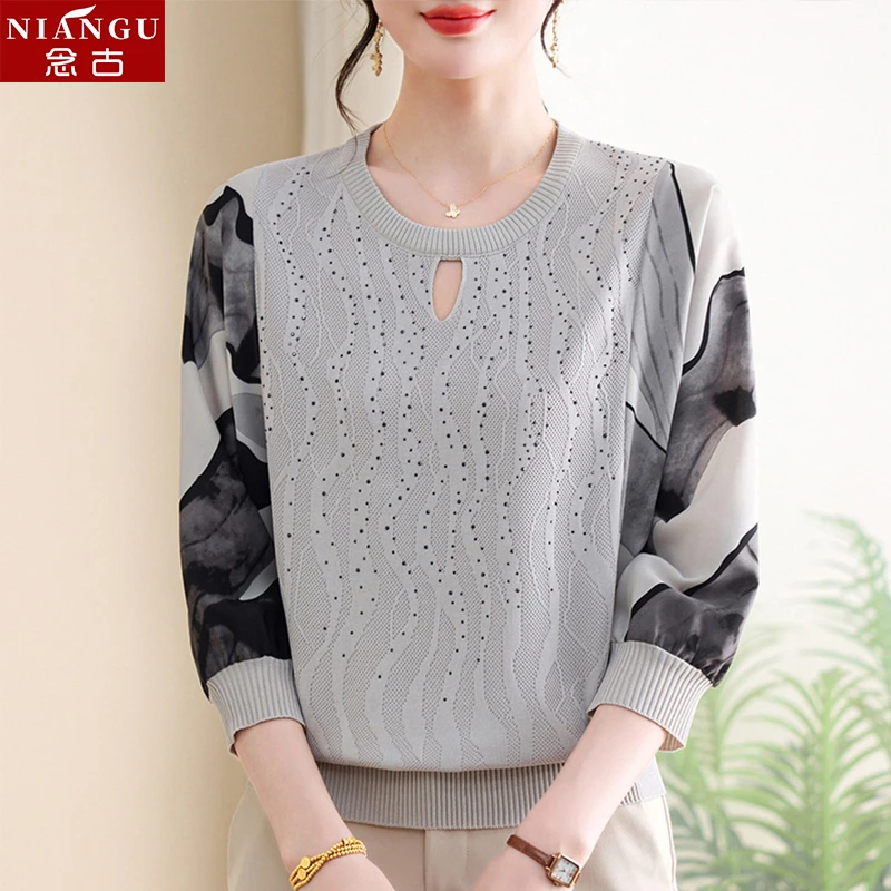 妈妈春装薄款针织T恤中年女装春夏2025新款打底衫中老年洋气上衣