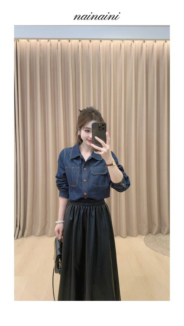 奈奈妮【反转牛仔】牛仔衬衫女2025小个子秋季休闲显瘦百搭2225