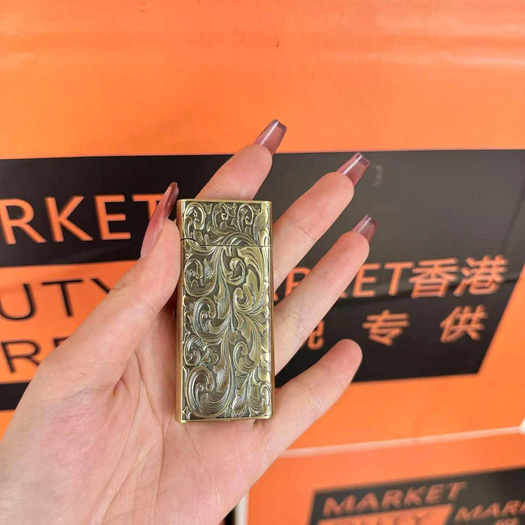 【火机总仓福利】青铜浮雕双面唐草花砂轮打火机双面雕花金属超薄款