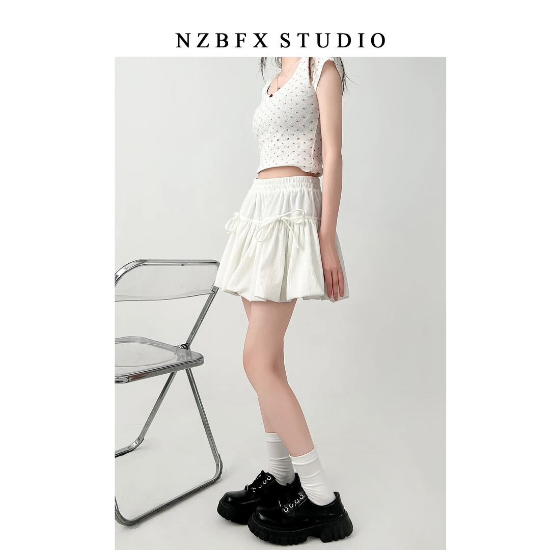 大码云朵蝴蝶结半身裙女夏季灯笼蓬蓬裙胖MM白色短裙子花苞裙9163