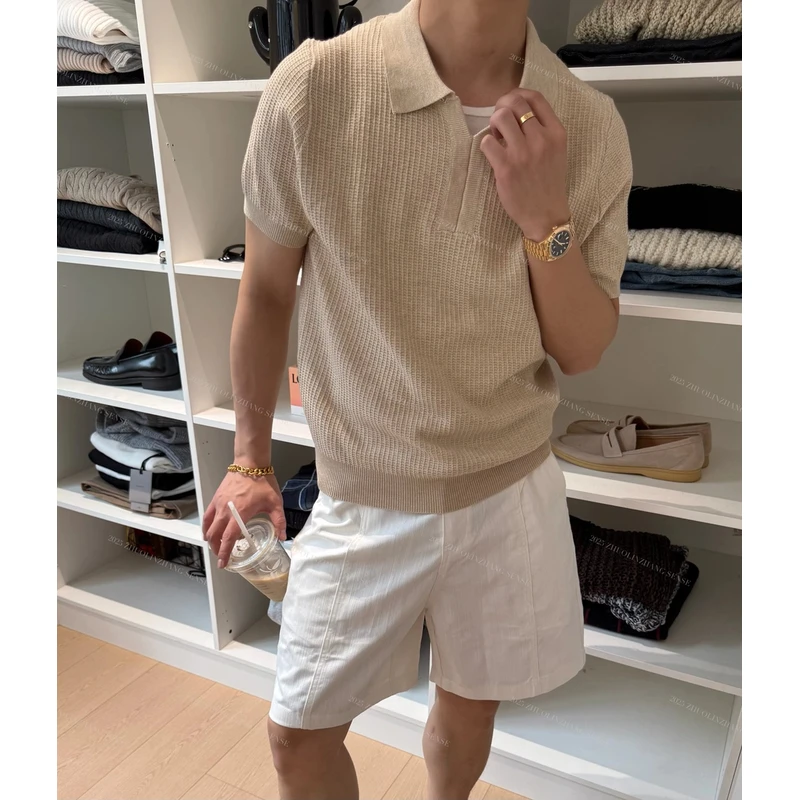 美式复古休闲百搭静奢新贵老钱混纺棉海鸥领百搭柔软感针织Polo衫