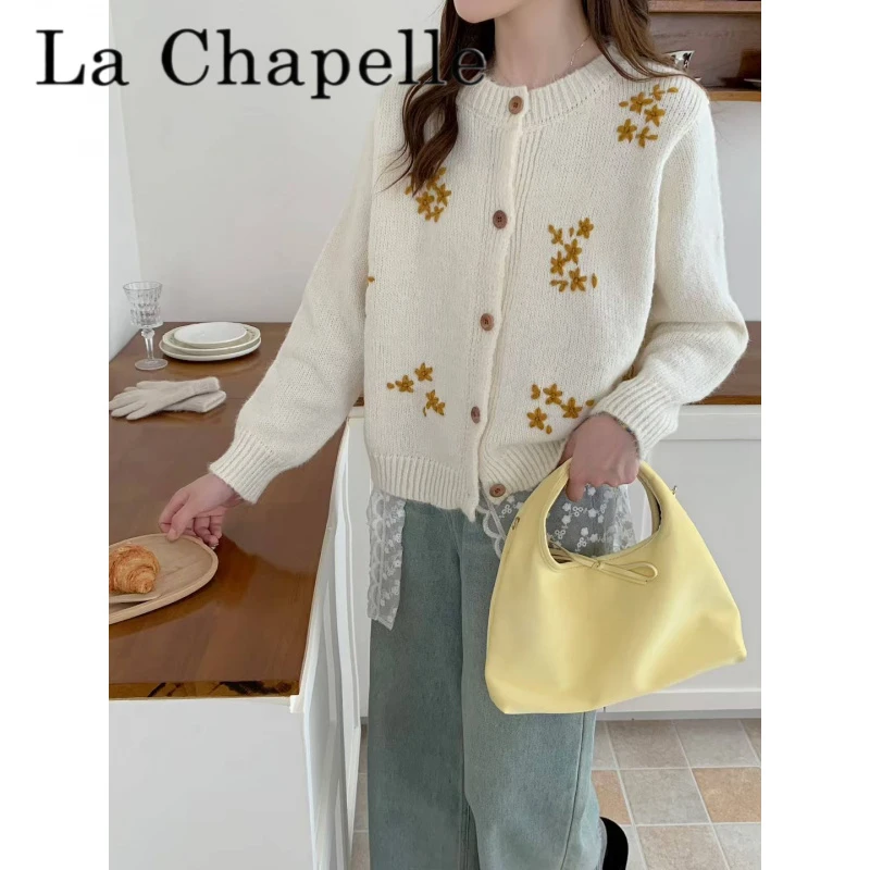拉夏贝尔温柔风黄色花朵毛衣外套女秋冬季2025新款韩系复古减龄针