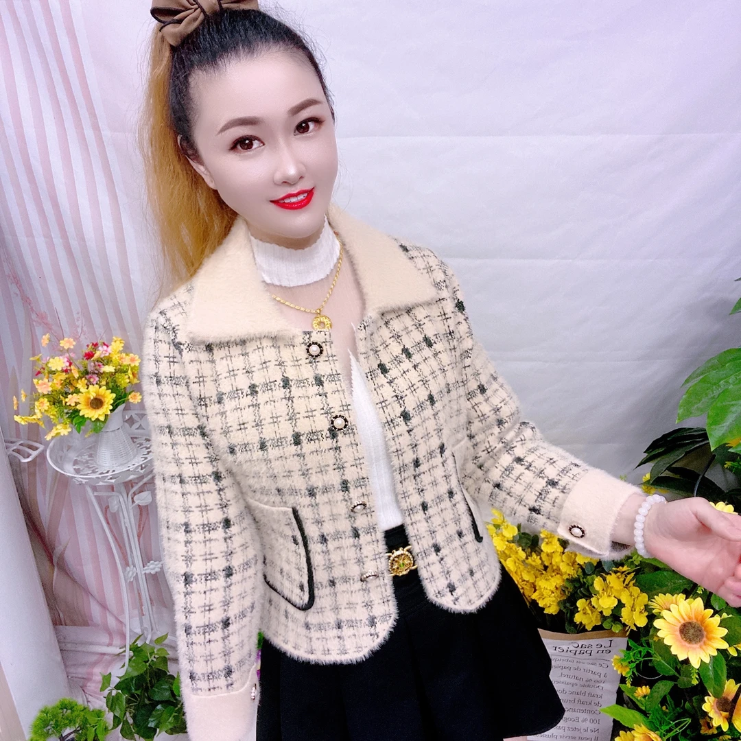 秋冬季翻领短外套修身格子青春小香风时尚女短款