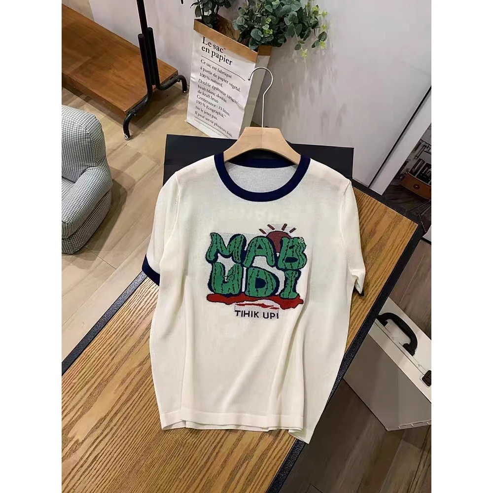M5047 2025新款英文字母撞色圆领短袖针织衫