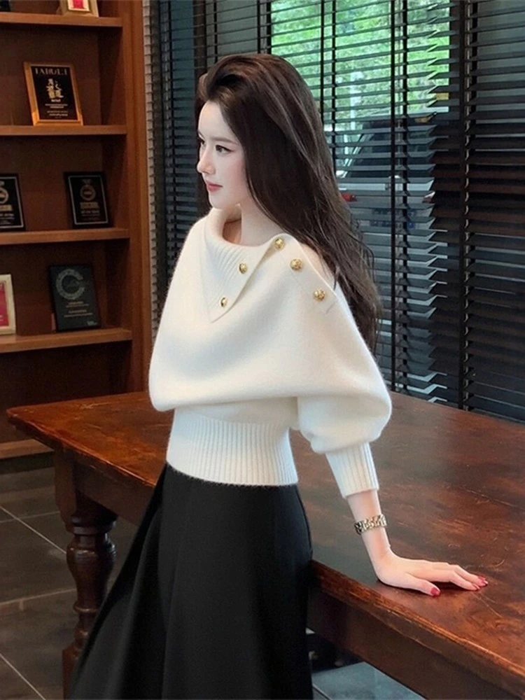 美拉德白色设计感翻领毛衣女秋冬高级感慵懒老钱风针织衫内搭上衣