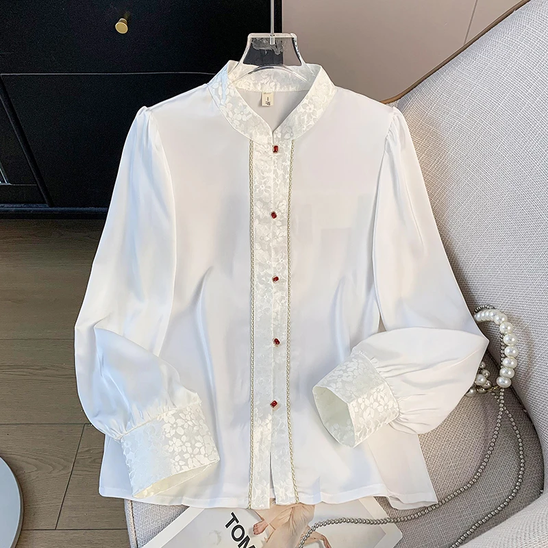 新国风新中式衬衣长袖复古白色立领百搭衬衫搭配马面裙的上衣女春
