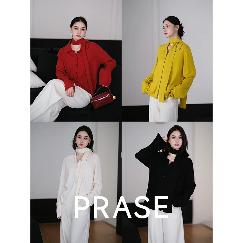 PRASE·噜【入秋衣橱】微胖轻奢设计款秋女羊毛飘带翻领毛衣PR512C15