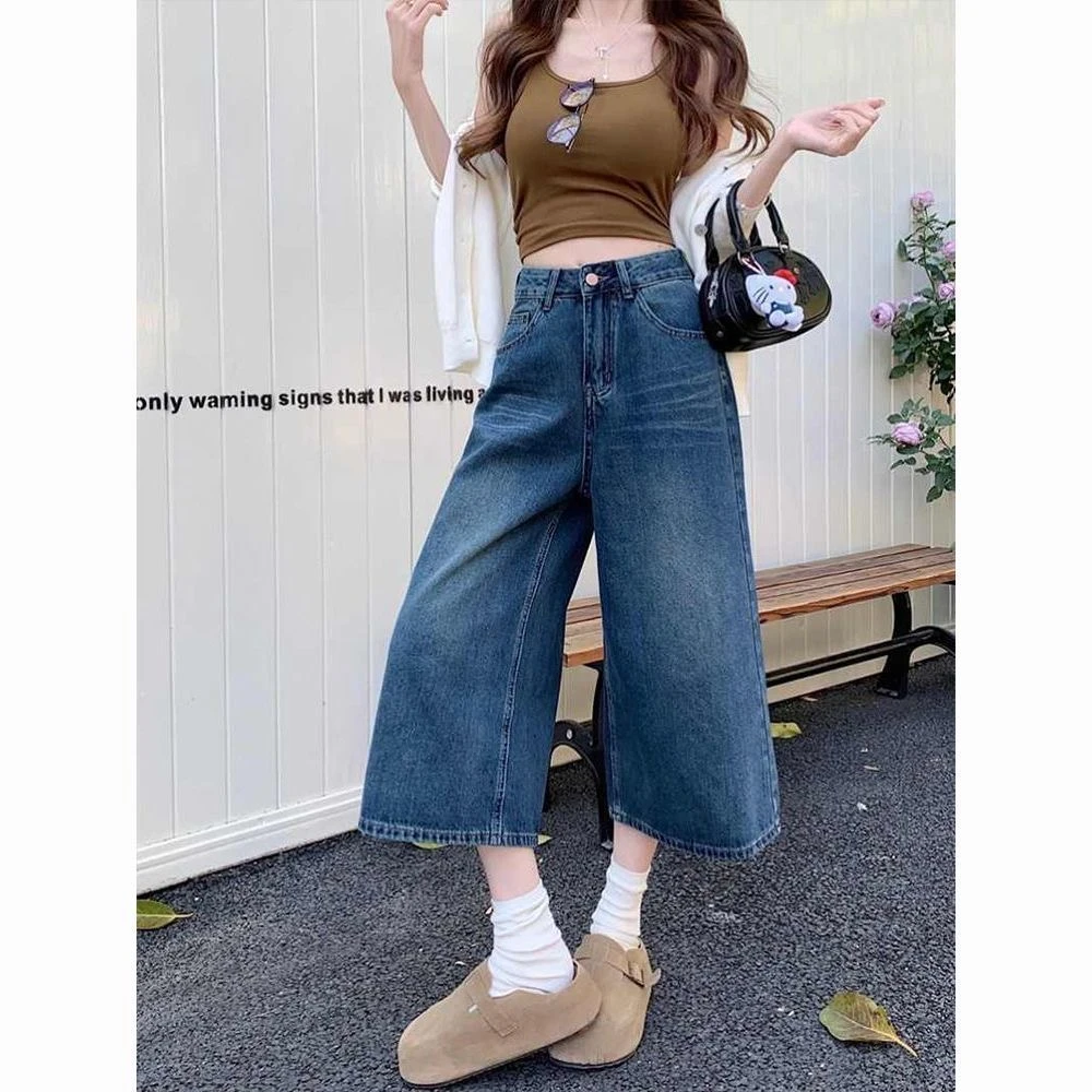 牛仔七分裤女2025夏新款大码胖mm高腰显瘦宽松阔腿七分中裤