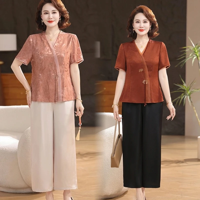 母亲节洋气妈妈新中式短袖小衫套装夏季新款中年女装气质上衣裤子