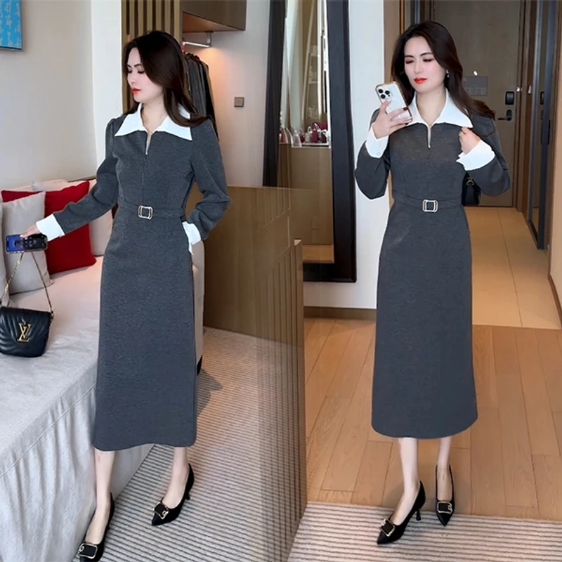 早春新款穿搭气质显瘦遮肉时尚洋气休闲减龄连衣裙中长款过膝修身