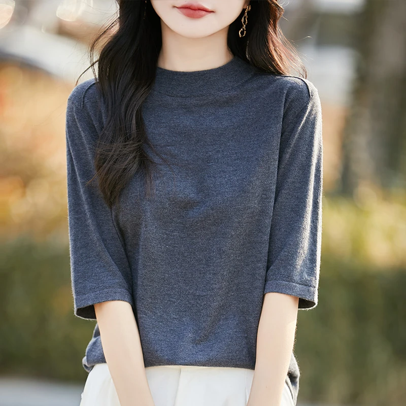 哥弟阿玛施正品夏季薄款半高领五分袖针织T恤女气质宽松显瘦上衣