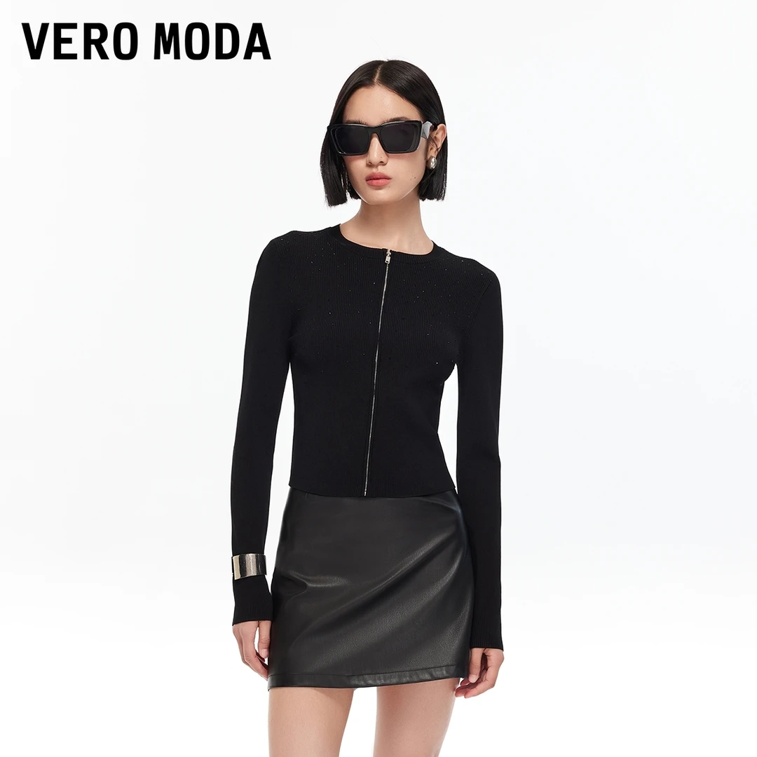 Vero Moda针织衫2025新款钻饰拉链纯色圆领修身收腰老钱风松弛感
