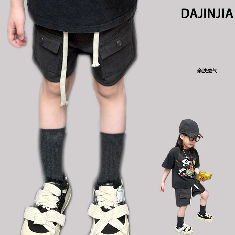 （清仓）夏季新款潮酷男女童黑色工装抽绳百搭黑色短裤