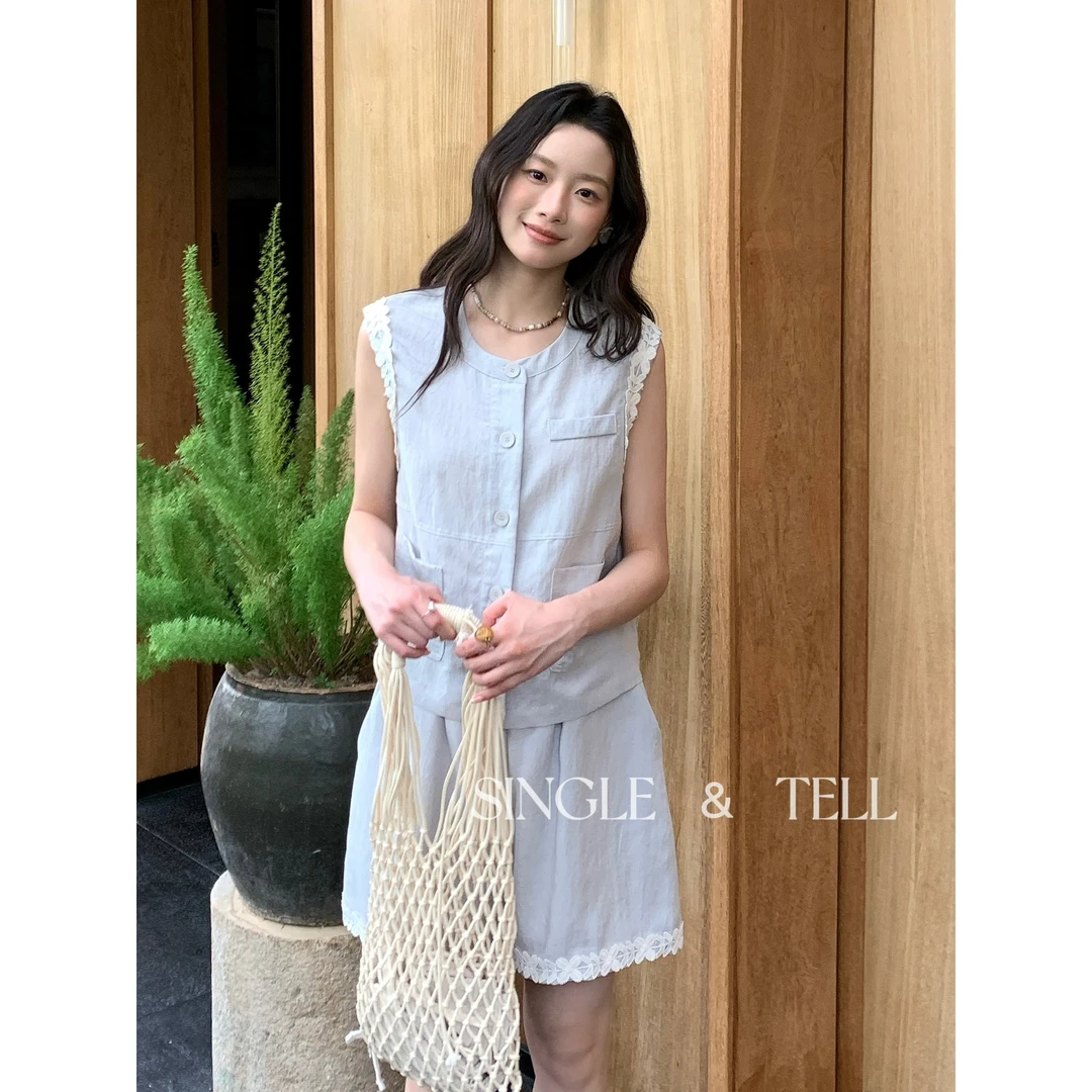25385#【麻＋莱赛尔】韩系圆领花边上衣＋显瘦花边短裤两件套