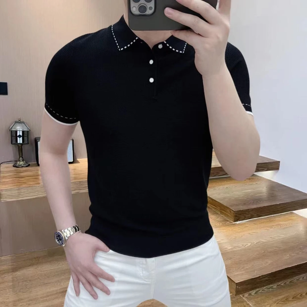 高档欧货短袖T恤男夏季新款冰麻针织半袖polo衫休闲轻奢品质男装