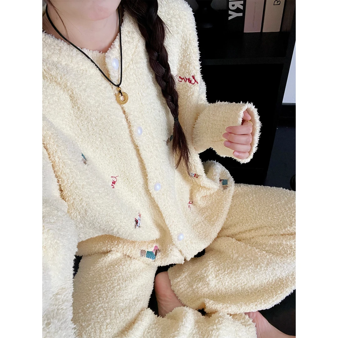 甜美少女腊肠狗半边绒睡衣女款秋冬季新款大码加厚保暖家居服套装