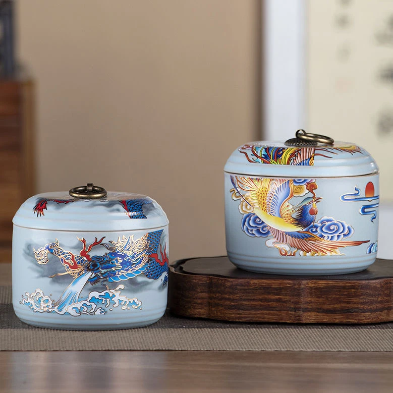 龙凤呈祥陶瓷茶叶罐中式天青密封罐复古储茶专用储存罐@ZH1257