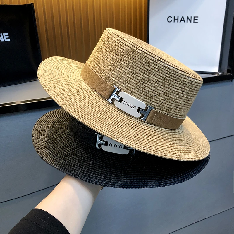 Miss Silas平顶草帽设计感气质遮阳防晒帽夏出游海边沙滩帽子女款