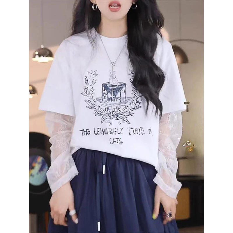 流行时尚潮牌女装2025韩版短袖T恤小众炸街印花百搭长袖蕾丝上衣