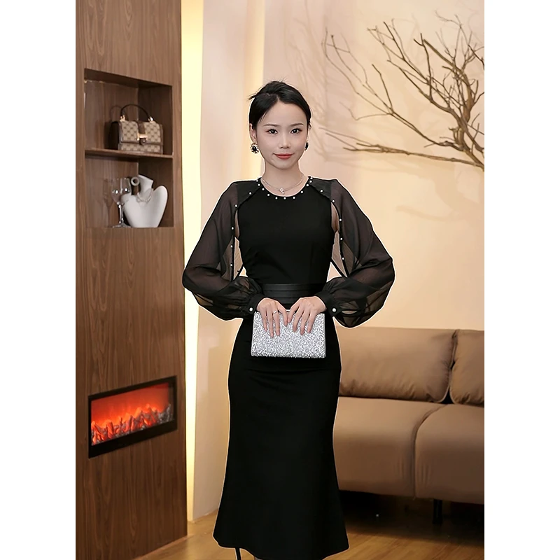 2095秋季通勤显瘦收腰拼接气质连衣裙长款