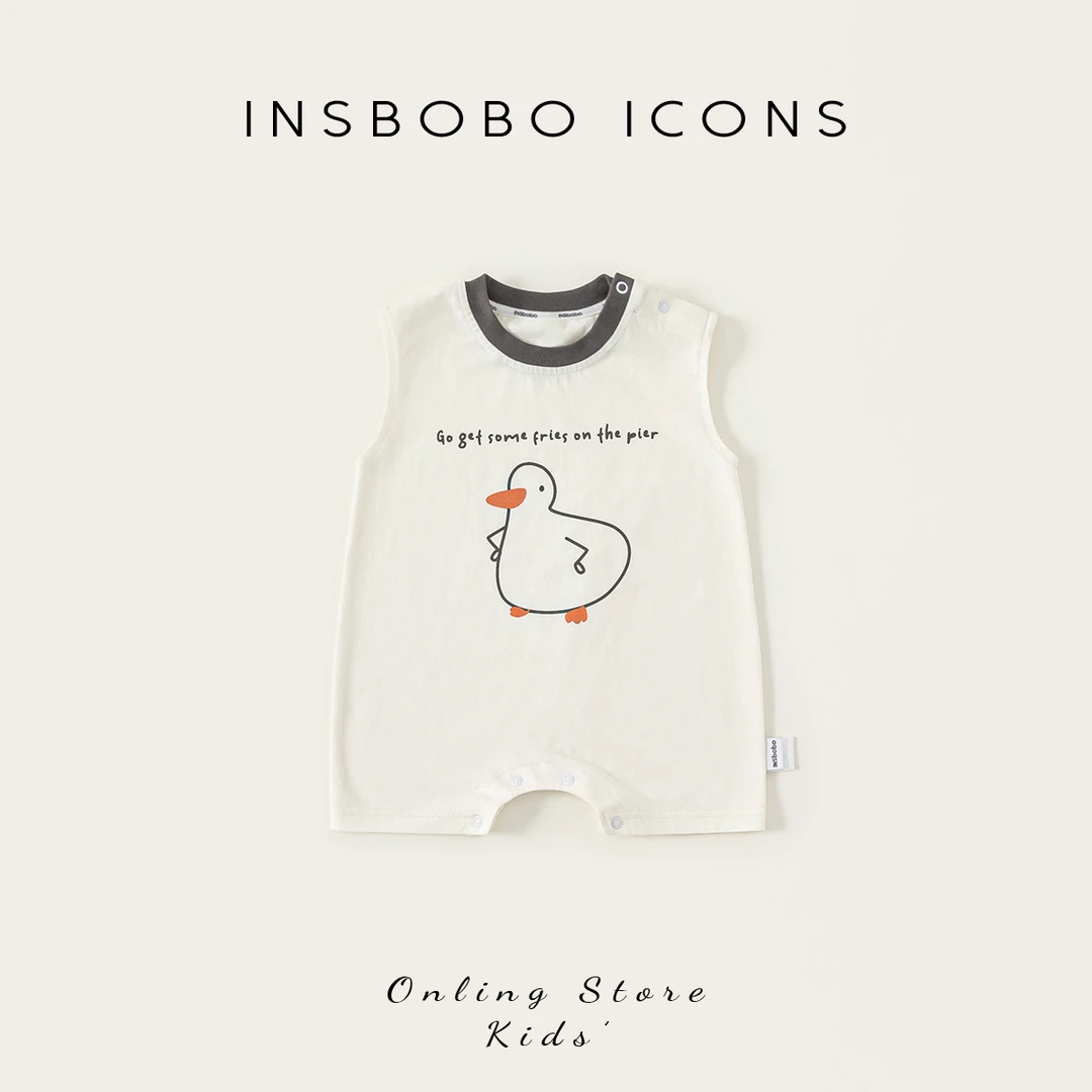 INSbobo儿童可爱爬服夏季卡通字母印花领口撞色无袖爬服XY15151