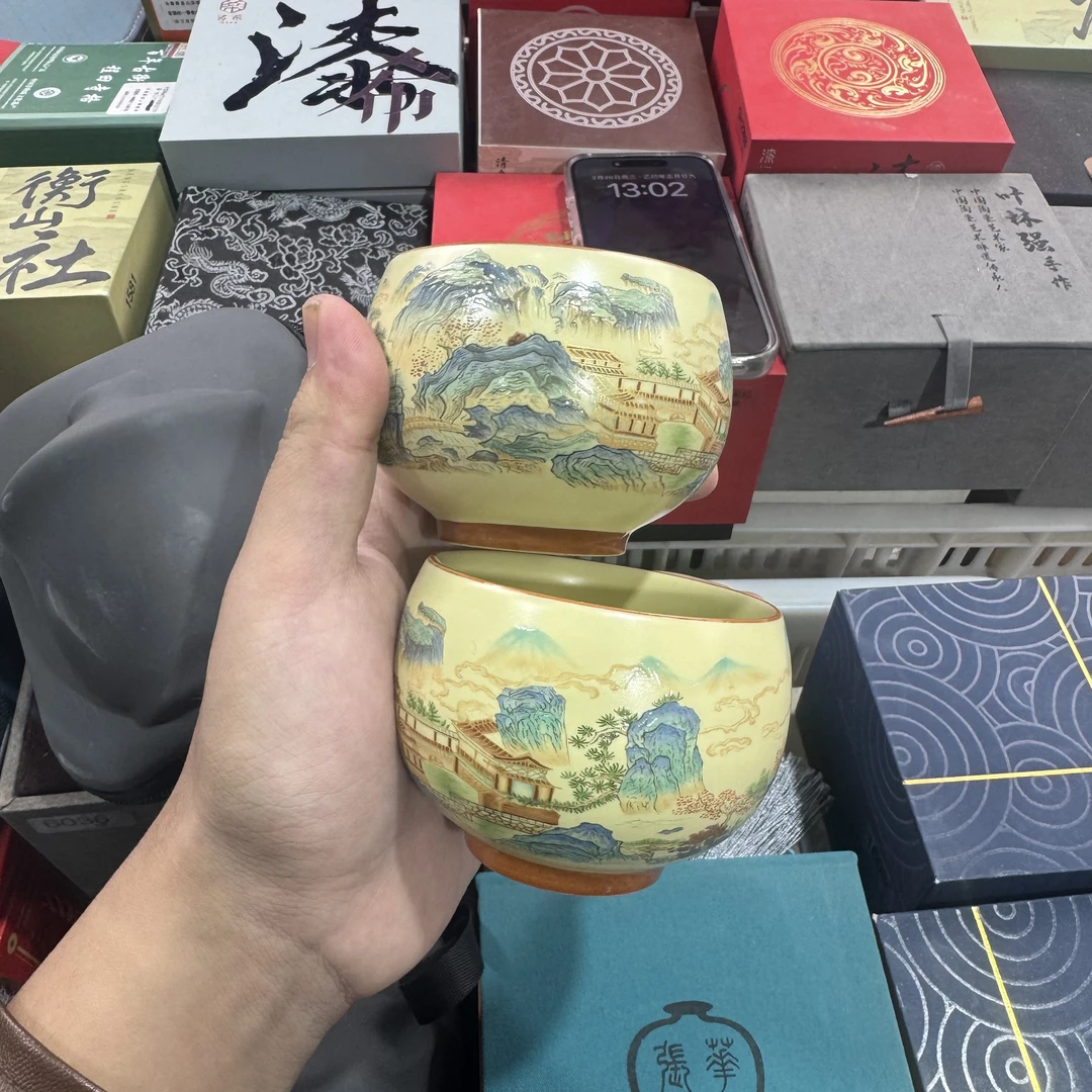 【闪购商品】高端黄汝千里江山铜钱禅定对杯LL007