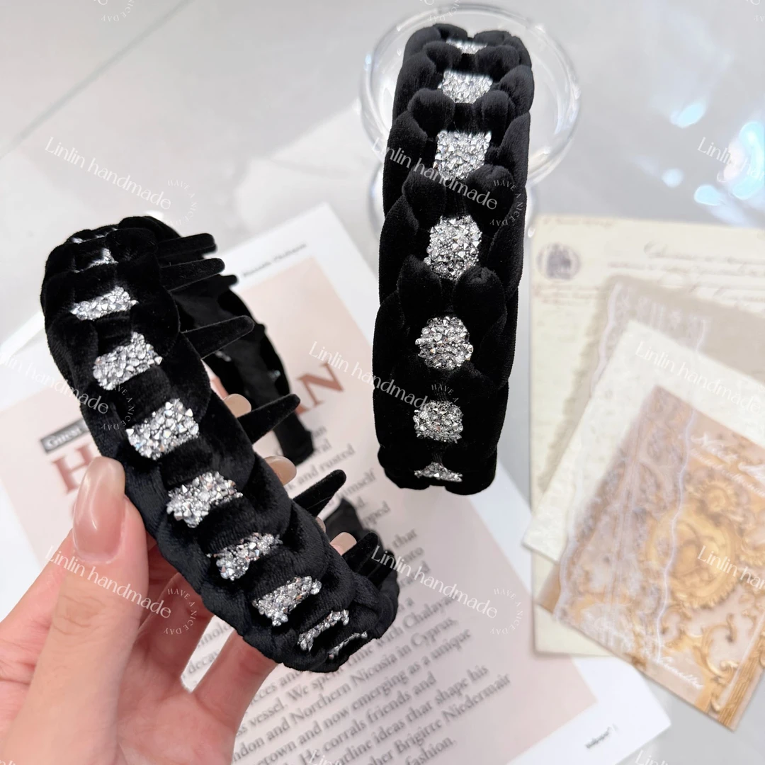 【永恒星河】高级手工编织碎钻爆闪麻花发箍砂糖钻金丝绒发箍高颅顶