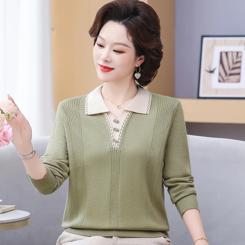 新款百搭翻领显瘦妈妈装毛衣女2025秋冬新款中年女装小个子打底衫
