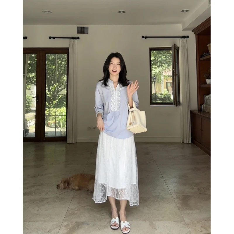 郭九九呢 棉质法式花边拼接宽松衬衫不规则蕾丝半裙 G925A09357