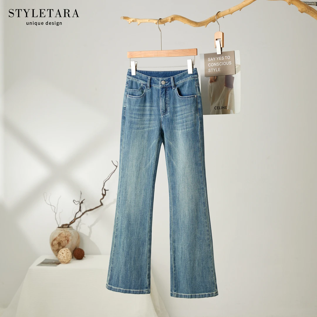 夏季女士牛仔裤12605女装时尚高腰休闲百搭设计师水洗蓝色