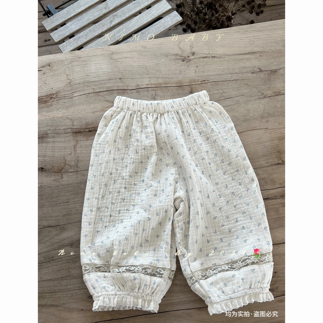 NEMO【夏沫】韩版夏款女宝宝棉印花拼接蕾丝花边百搭透气薄款裤子