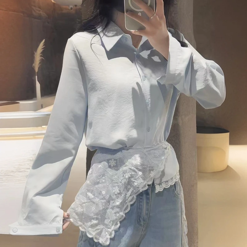 2025春季新款百搭时尚气质衬衫+蕾丝披肩蓝色上衣两件套