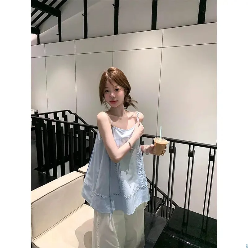 韩系夏天衣服慵懒风夏季气质设计感蓝色吊带上衣女宽松休闲阔腿裤