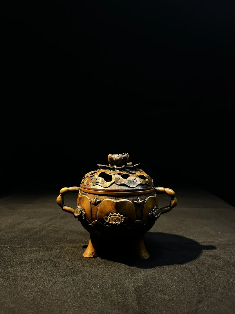 昌景工艺出品纯铜三足莲花茶道香炉摆件适合中式古玩收藏