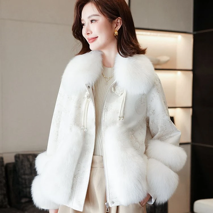 新款拼接国风外套冬季时尚韩版加厚棉衣棉服狐狸毛皮一体女装大衣