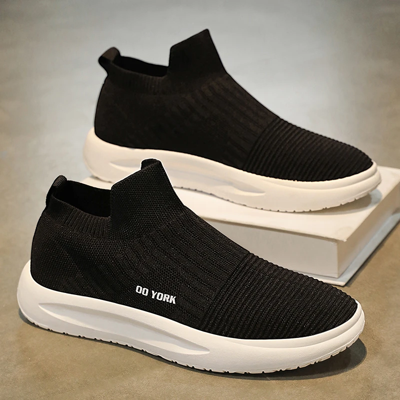 男鞋夏季透气薄款飞织网面网鞋男士一脚蹬运动厚底增高袜子鞋