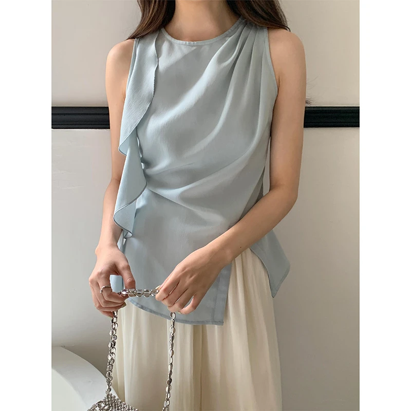 设计感不对称荷叶边背心女2025夏季女装无袖上衣遮肚子蕾丝打底衫