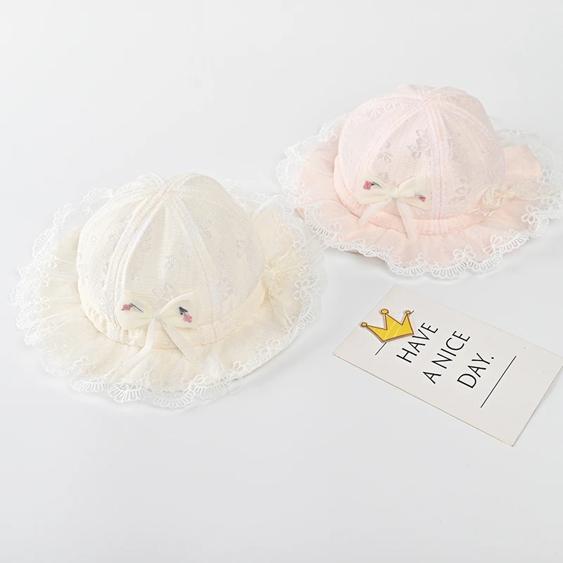 婴儿帽子夏季薄款渔夫帽遮阳防晒公主蕾丝蝴蝶结宝宝盆帽
