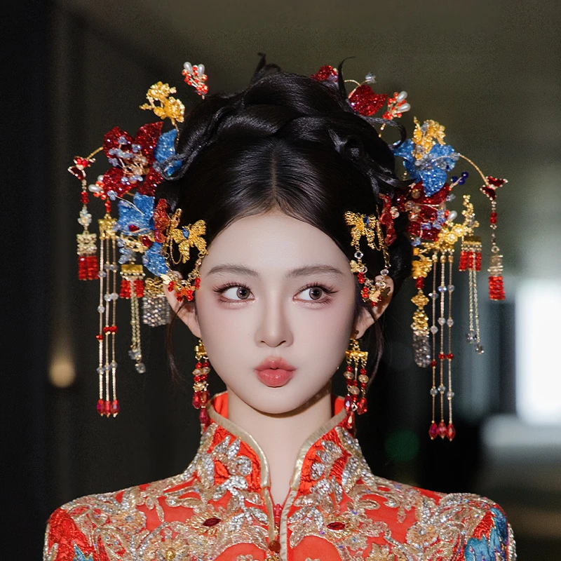 合金树脂婚庆饰品 新款新娘古典发饰高端凝胶花蝴蝶秀禾头饰D0684