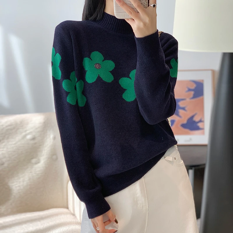 时尚印花短款毛衣女2025秋冬新款小个子洋气减龄半高领打底针织衫