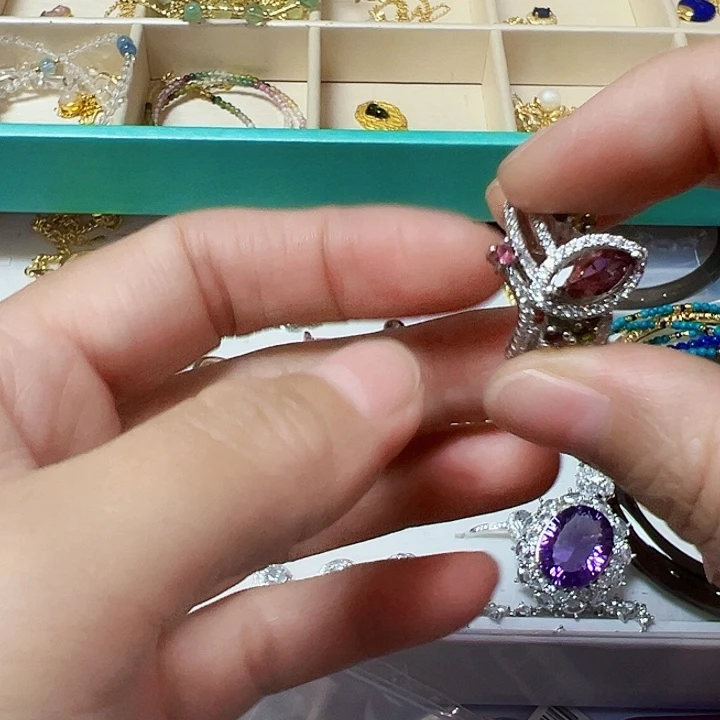 飒***气银S925镶嵌碧玺戒指12圈