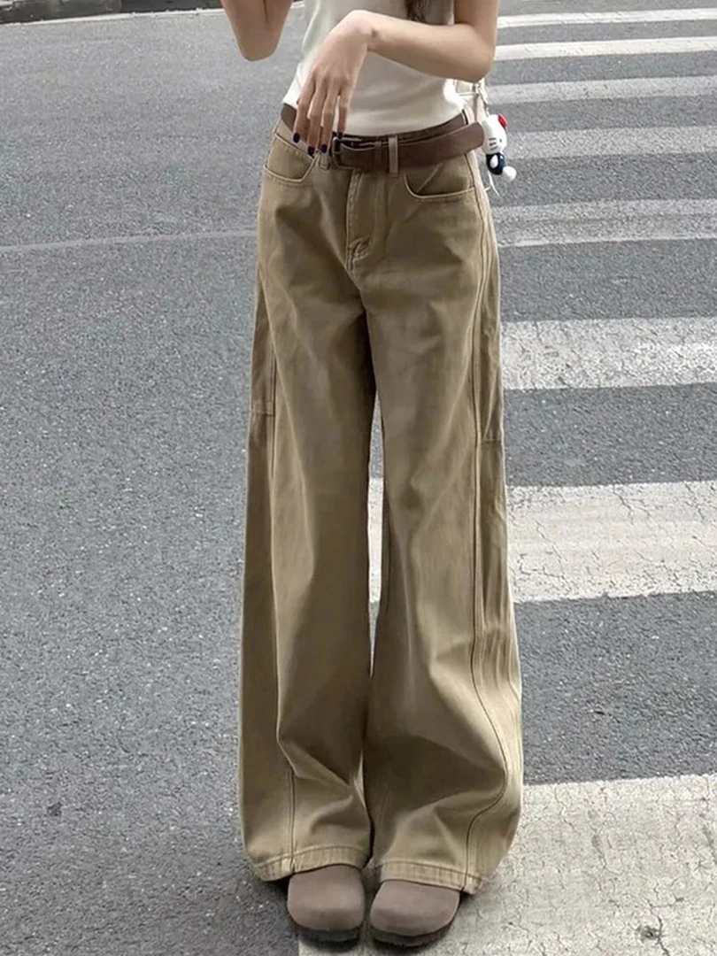 卡其色直筒牛仔裤女秋季新款大码胖mm高腰遮胯显瘦梨形身材阔腿裤