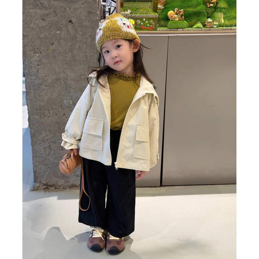壹妈时尚童装女童秋季新款套装洋气儿童米白色连帽外套韩范打底衫
