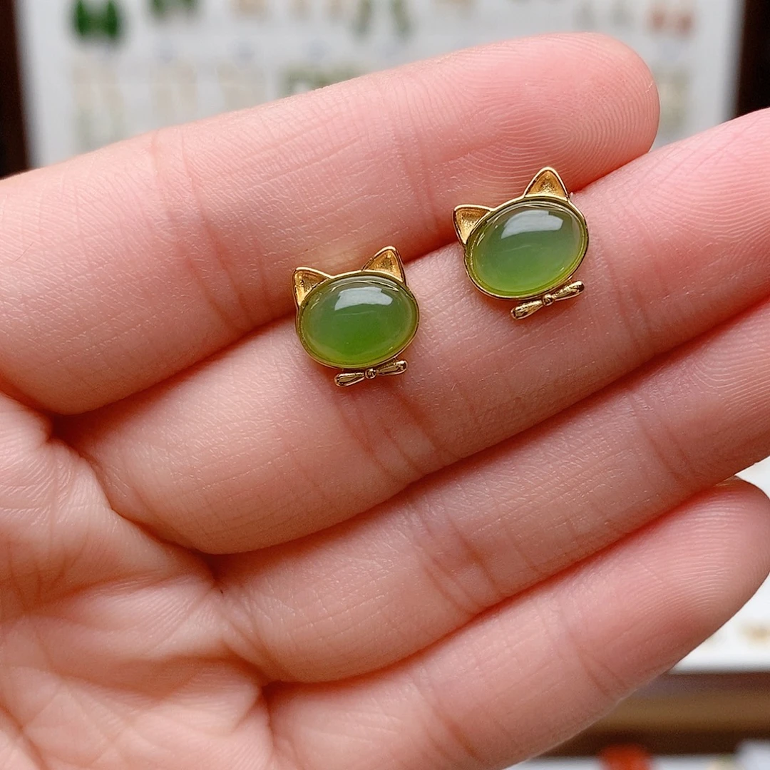 和田玉银S925镶嵌耳饰