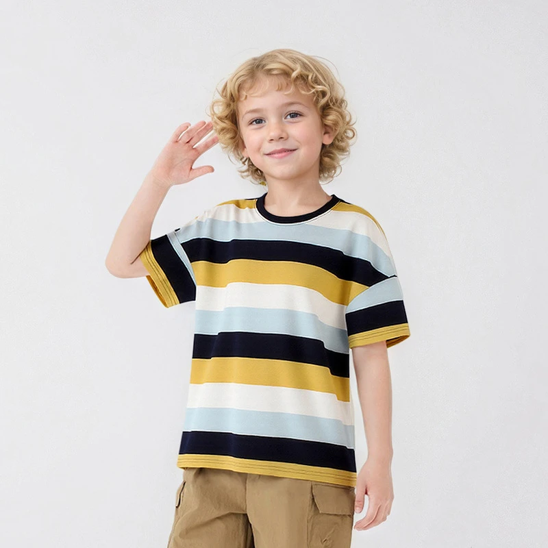 夏季新款儿童短袖 中大童彩色条纹宽松上衣男童短袖T恤纯棉透气