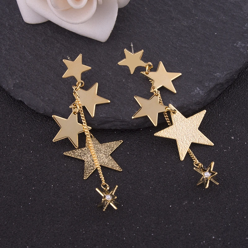 铜合金亚克力耳饰 热卖款五角星长款气质耳坠镂空星芒蚊香盘耳夹