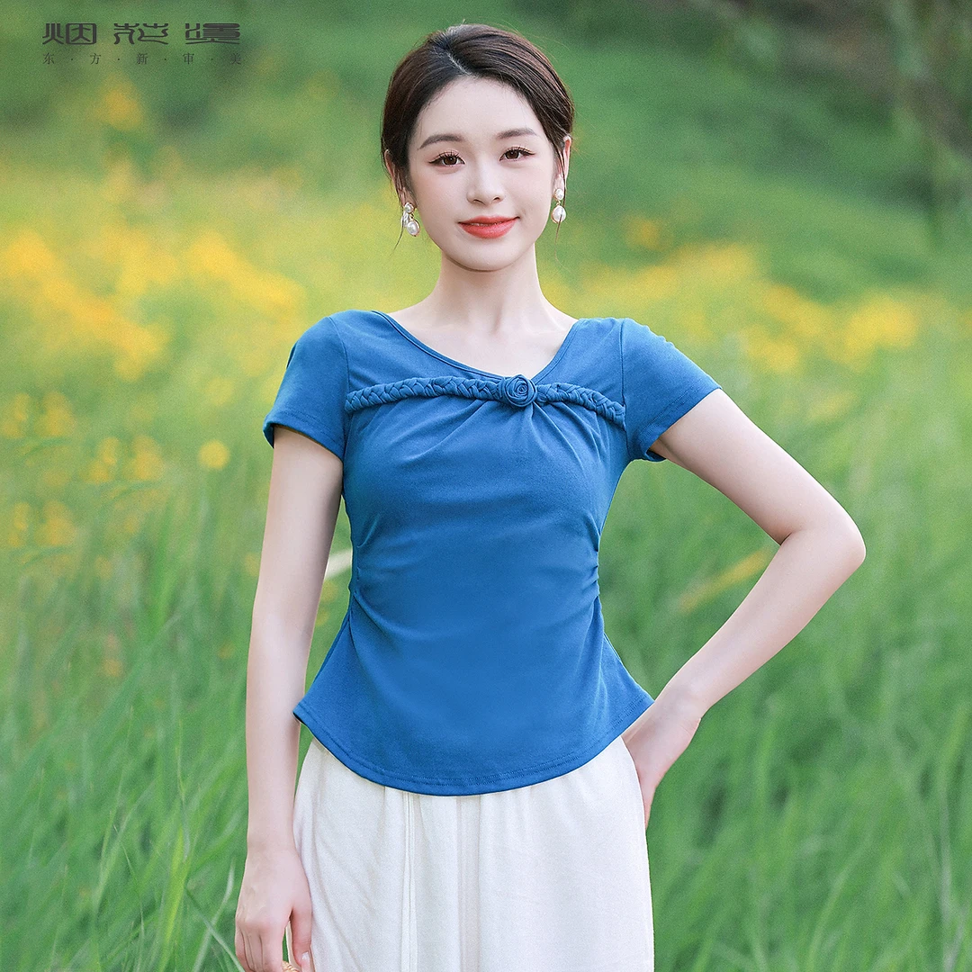 烟花烫复古蓝色显白t恤女2025夏季新款气质收腰修身短袖上衣 时简