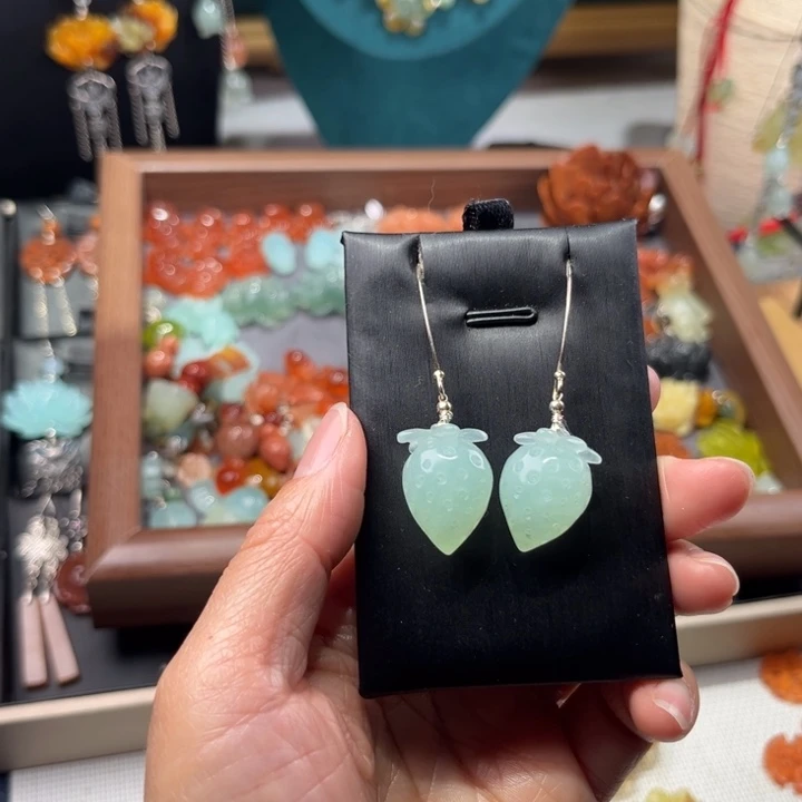 蛇纹石玉耳饰银S925镶嵌