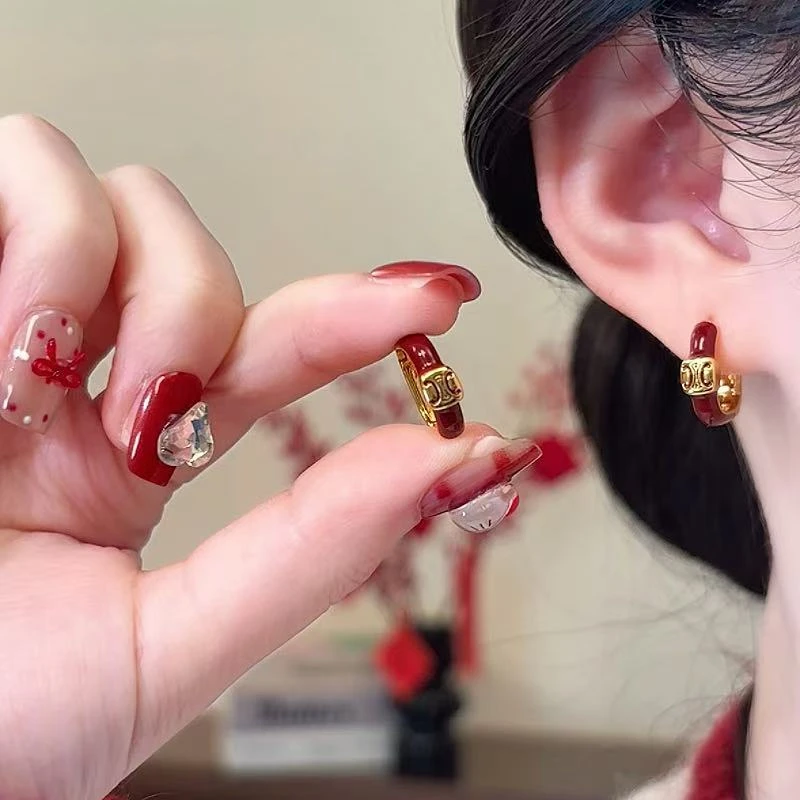 圣诞春节方形安哥拉红复古耳扣耳环饰品百搭网红ins