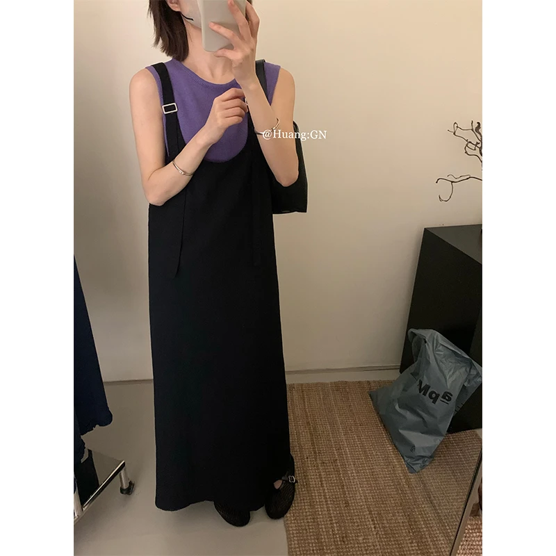 HUANG:GN韩版纯色针织背心+气质背带裙套装